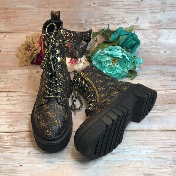 Guess Black/Gold Ferina Combat Lace up Boots - Picture 3 of 8